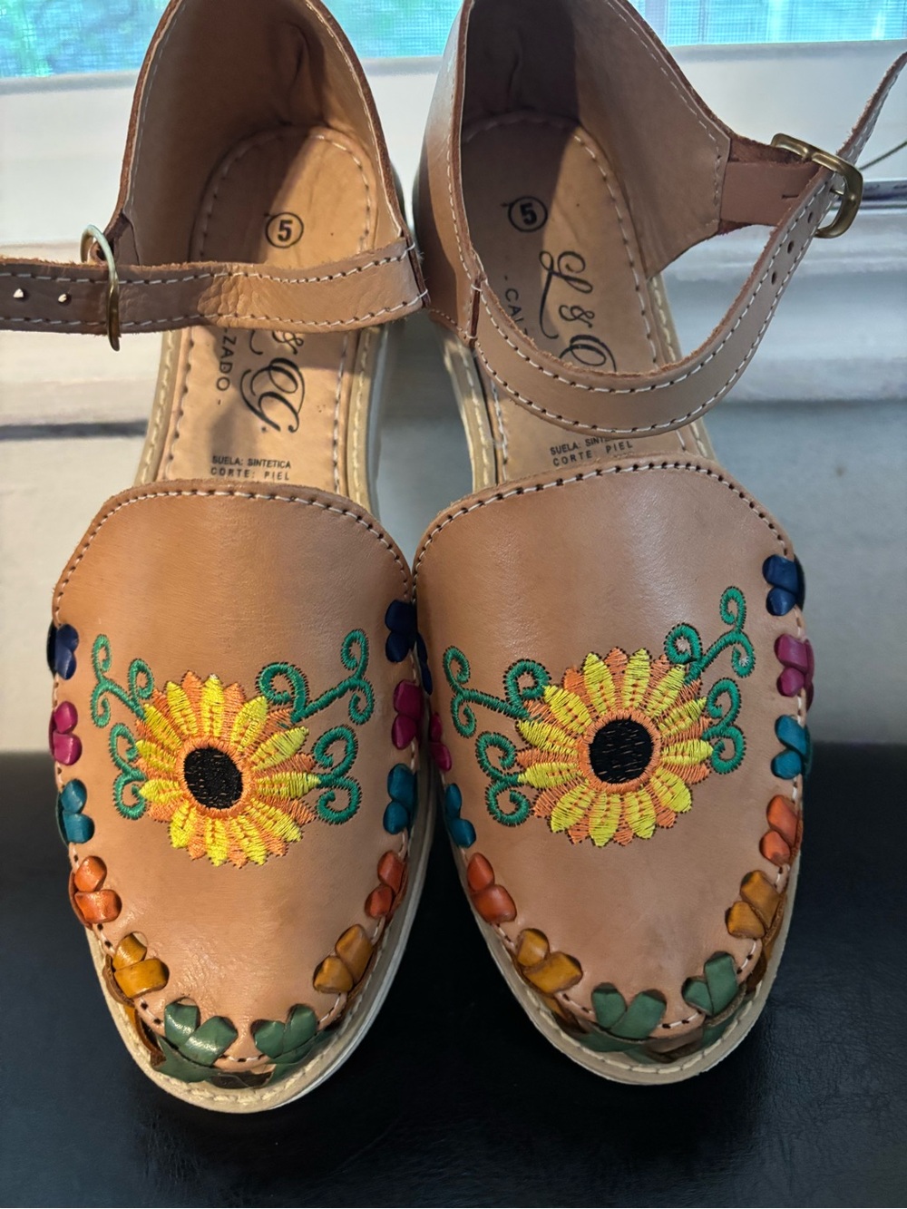 Women’s Tan Floral Embroidered Ankle-Strap Sandals